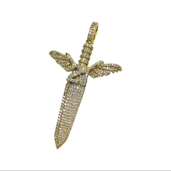 18k Gold Filled Micro Pave Cubic Zirconia Iced Out Sword with Wings Pendant.